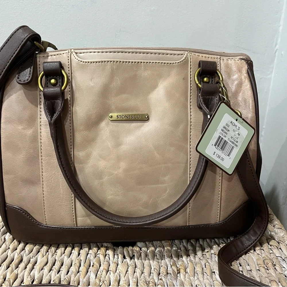 NEW Stone & Co. Megan Satchel Tan/Brown Leather Crossbody Purse 2 Toned 12x4.5x9
